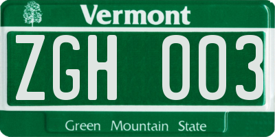 VT license plate ZGH003