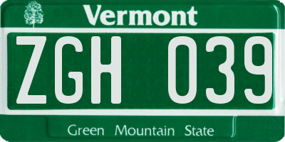 VT license plate ZGH039