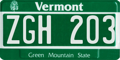VT license plate ZGH203