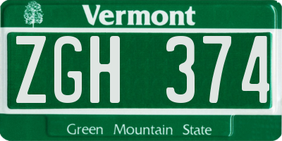 VT license plate ZGH374