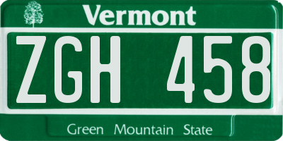 VT license plate ZGH458