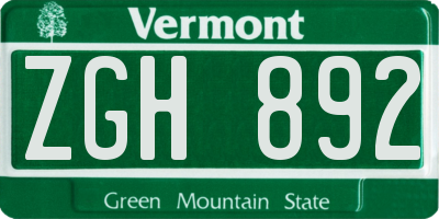 VT license plate ZGH892