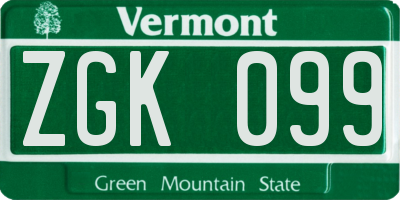 VT license plate ZGK099