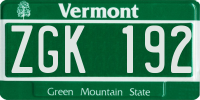 VT license plate ZGK192