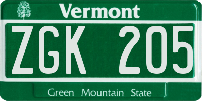 VT license plate ZGK205