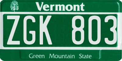 VT license plate ZGK803