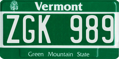 VT license plate ZGK989