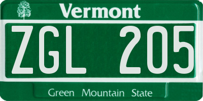 VT license plate ZGL205