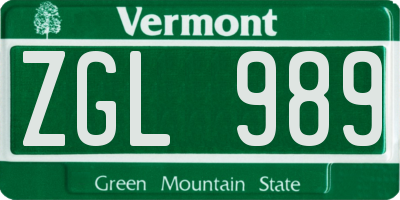 VT license plate ZGL989