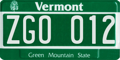 VT license plate ZGO012