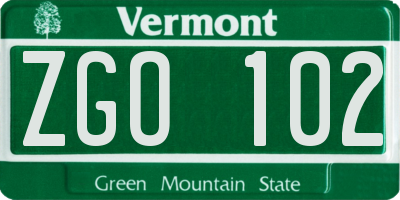 VT license plate ZGO102