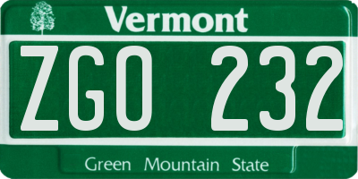 VT license plate ZGO232