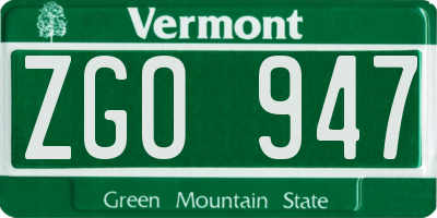 VT license plate ZGO947