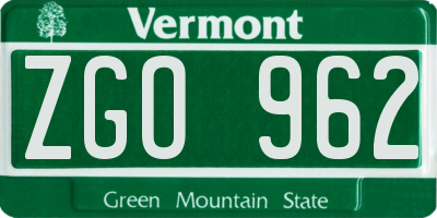 VT license plate ZGO962