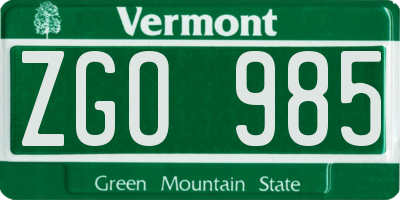 VT license plate ZGO985
