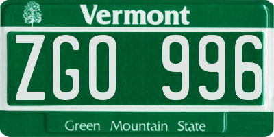 VT license plate ZGO996