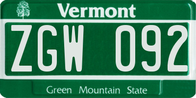 VT license plate ZGW092