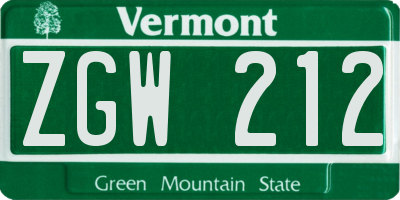 VT license plate ZGW212