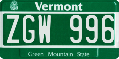 VT license plate ZGW996