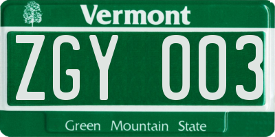 VT license plate ZGY003