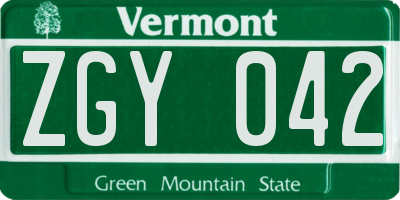 VT license plate ZGY042