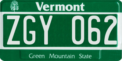 VT license plate ZGY062
