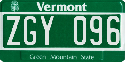 VT license plate ZGY096