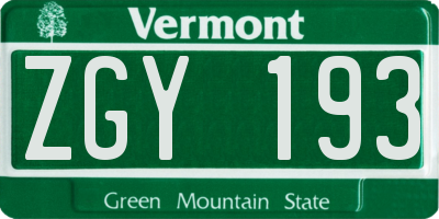 VT license plate ZGY193