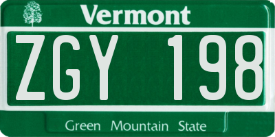 VT license plate ZGY198