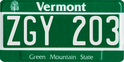 VT license plate ZGY203