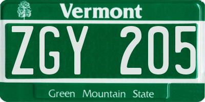 VT license plate ZGY205
