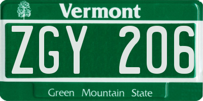VT license plate ZGY206