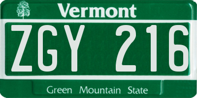 VT license plate ZGY216