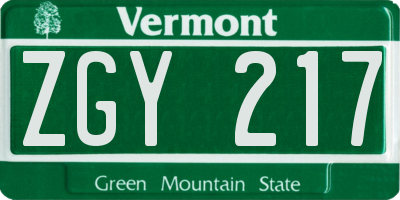 VT license plate ZGY217
