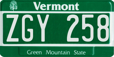 VT license plate ZGY258
