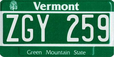VT license plate ZGY259