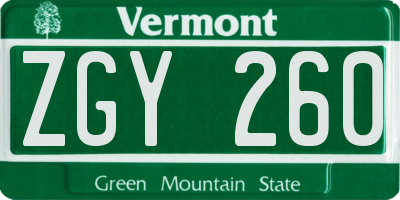 VT license plate ZGY260