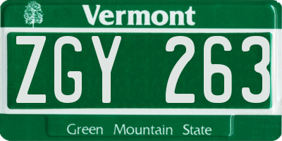 VT license plate ZGY263