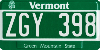VT license plate ZGY398