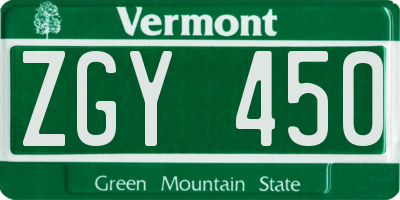 VT license plate ZGY450