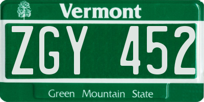 VT license plate ZGY452