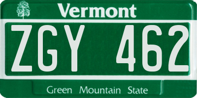 VT license plate ZGY462
