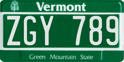 VT license plate ZGY789