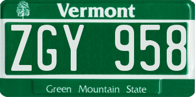 VT license plate ZGY958