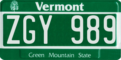 VT license plate ZGY989