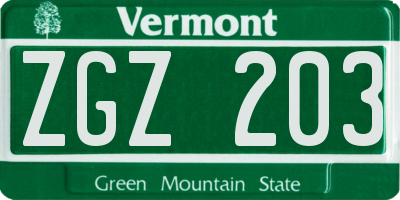 VT license plate ZGZ203