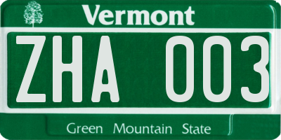 VT license plate ZHA003
