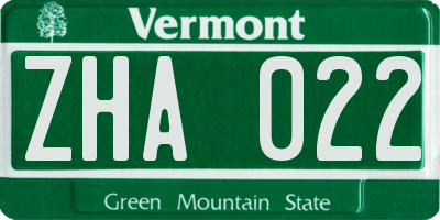 VT license plate ZHA022