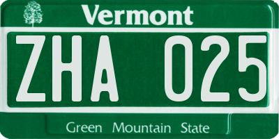 VT license plate ZHA025