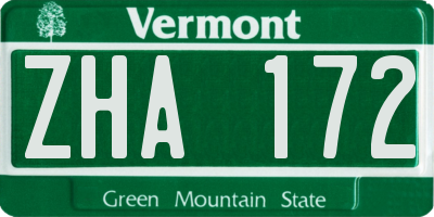 VT license plate ZHA172